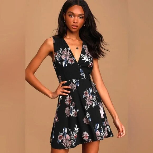 Lulu's Midnight Flower Black Floral Print Tassel Tie Sleeveless Wrap Mini Dress - Picture 1 of 16